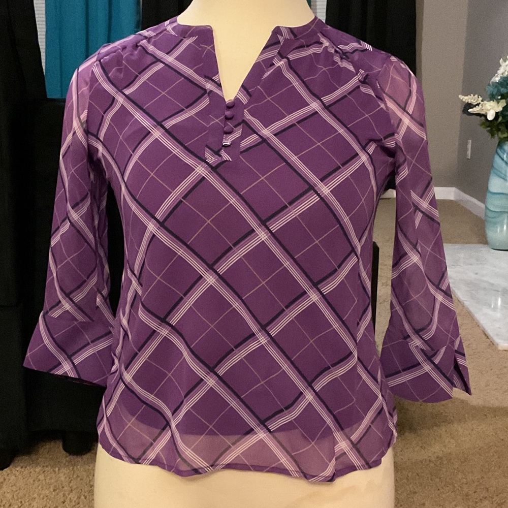 Women's Purple Plaid Split-Neck Blouse
